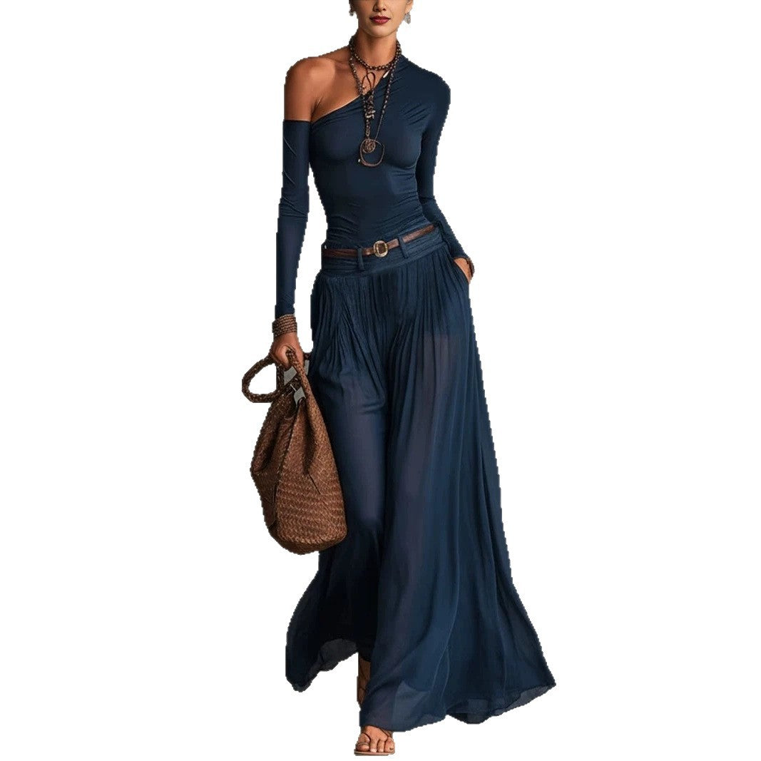 Asymmetrical Long Sleeve Casual Set with Belted Long Dress