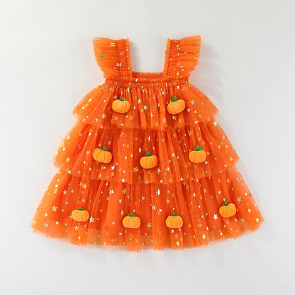 Girls' Halloween Flutter Sleeve Strapless Layered Dress, Ghost Pumpkin Style Holiday Formal Dress