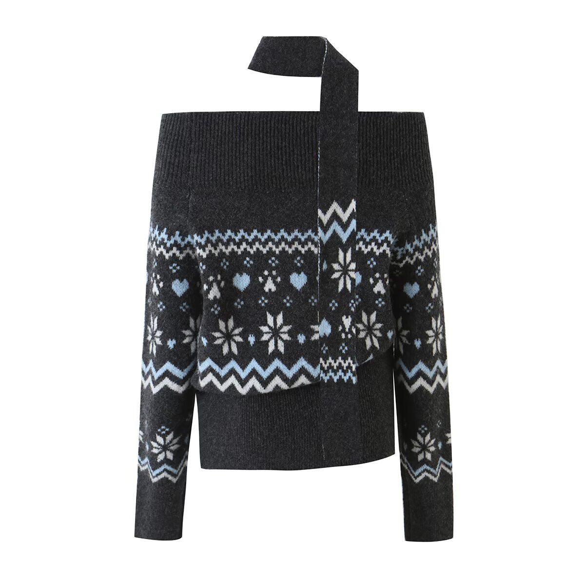 Vintage Casual Fair Isle Jacquard Long Sleeve Off Shoulder Knit Sweater