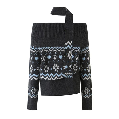 Vintage Casual Fair Isle Jacquard Long Sleeve Off Shoulder Knit Sweater