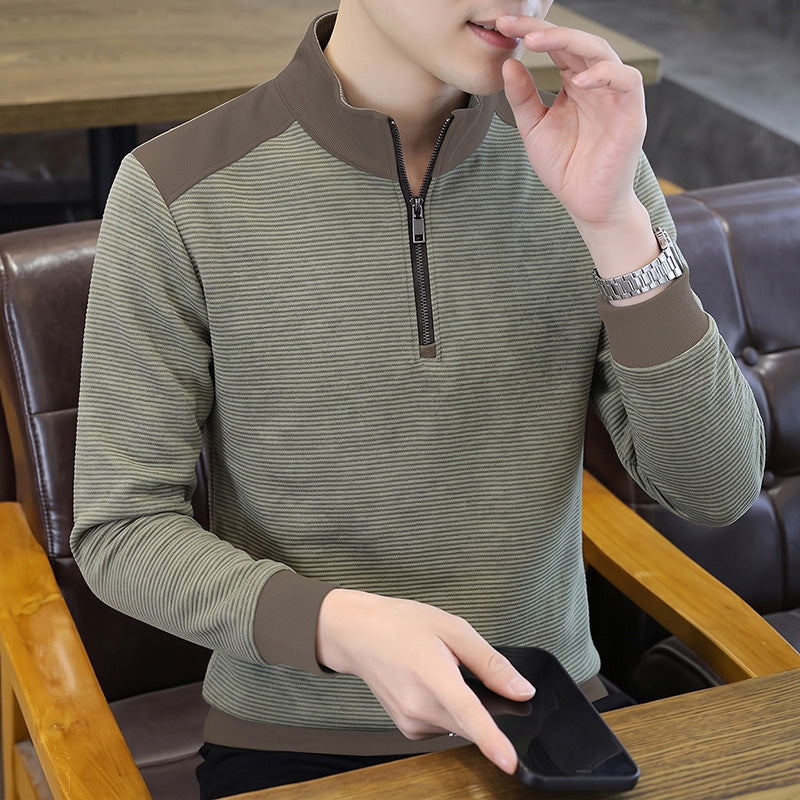 Men's Casual Striped Long Sleeve Mock Neck Half Zip Pullover T-Shirt