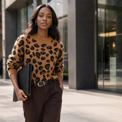 Leopard print round neck long sleeved sweater