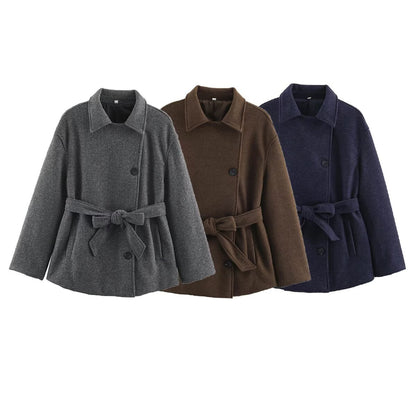 Slanted breasted buckle with waist belt woolen coat for women