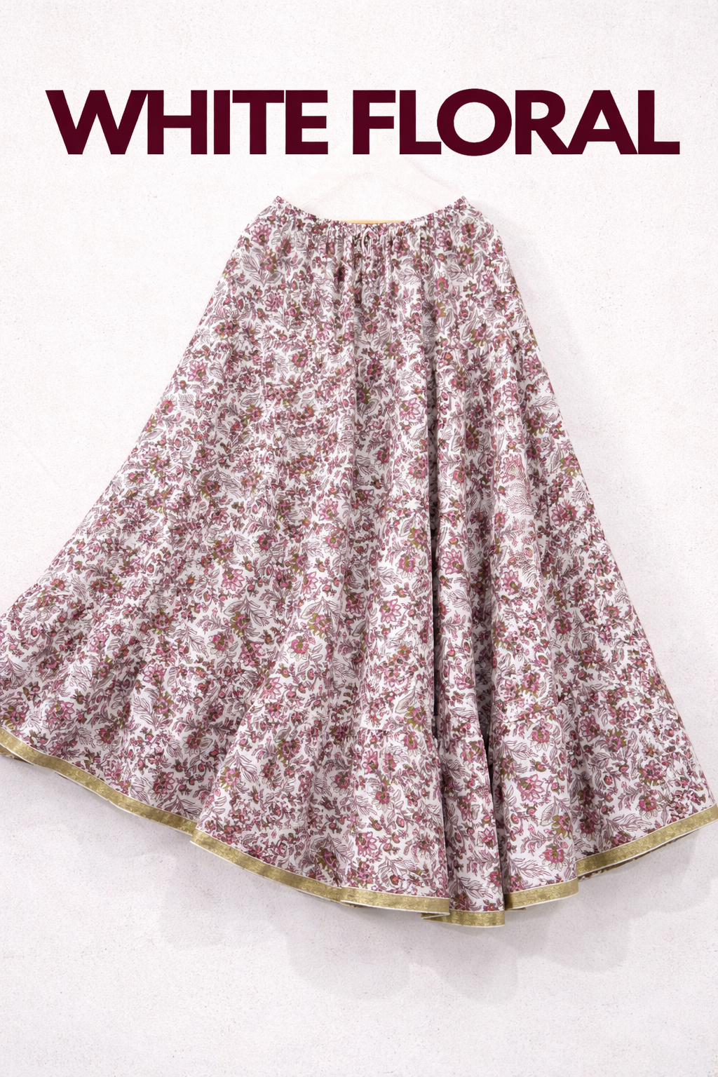 Blackfever White & Pink Floral Tiered Cotton Skirt – Free Size