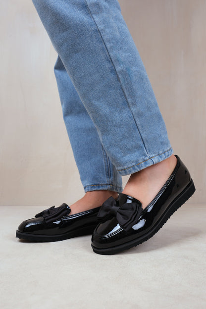 Alpha Girl's School Flat Bow Loafers In Black Patent