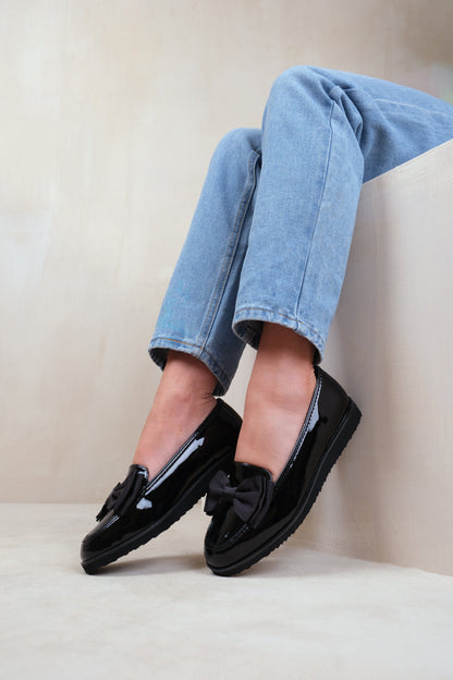 Alpha Girl's School Flat Bow Loafers In Black Patent