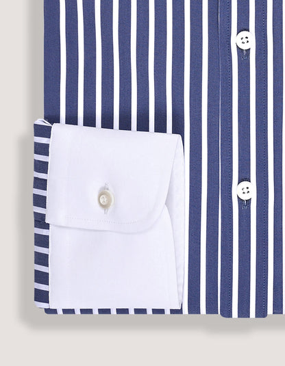 Navy Striped Cotton Shirt with Contrast Collar
