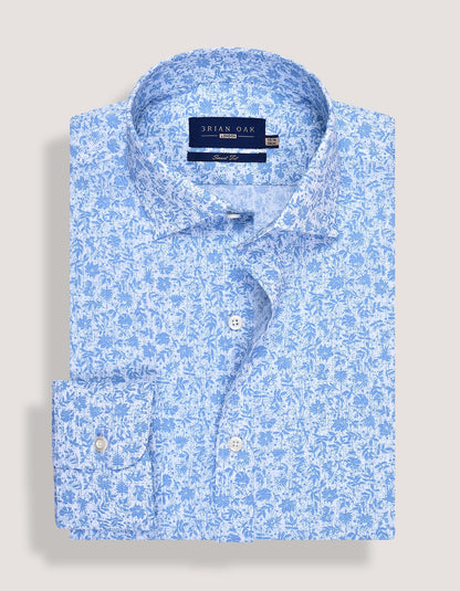 Chemise habillée à imprimé botanique blanc et bleu ciel