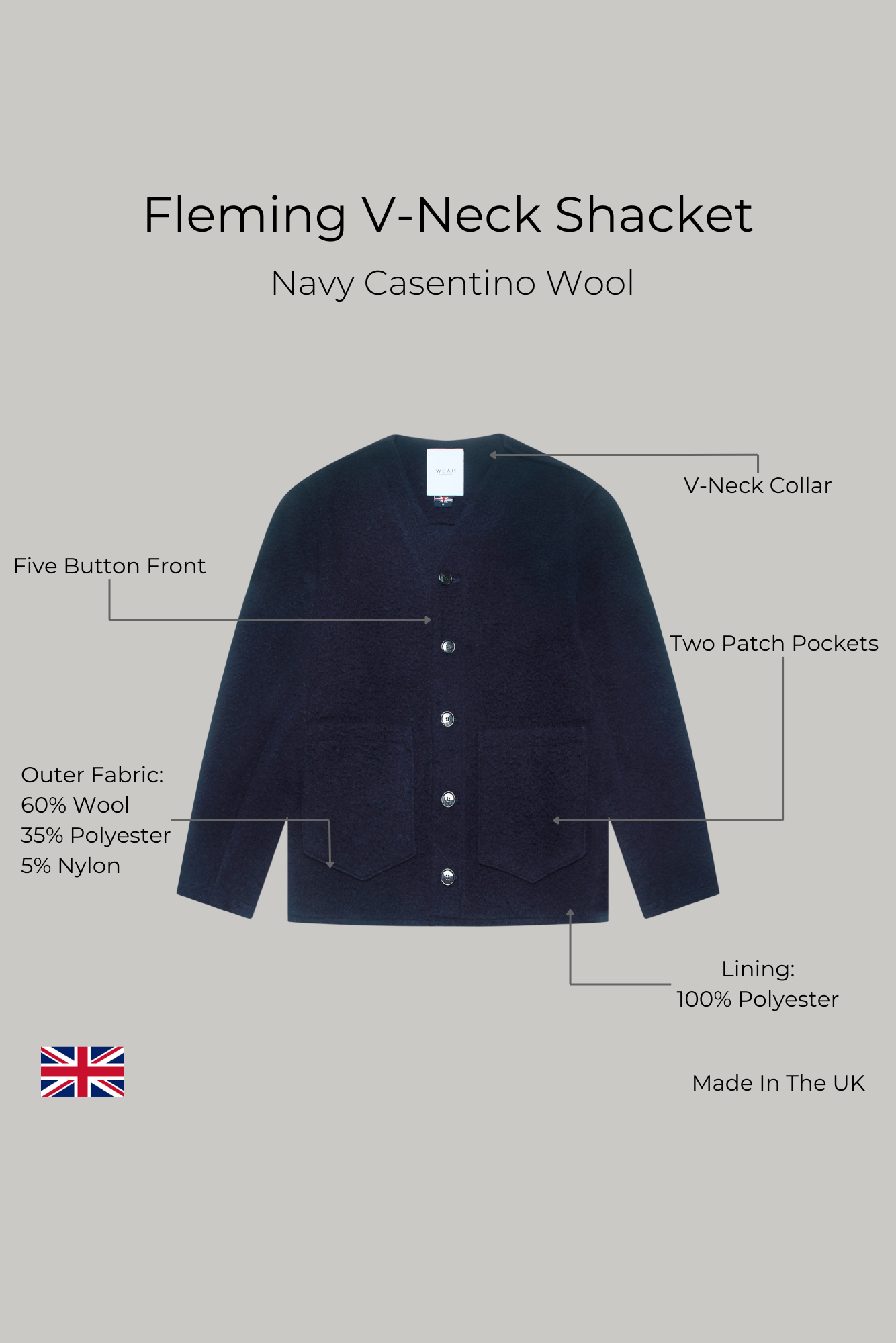 Fleming V-Neck Shacket - Navy Casentino Wool