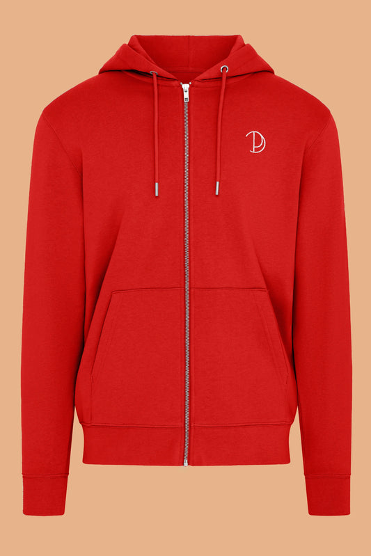 Women's Red Zip-Up Hoodie - Embroidered Organic Cotton Hoodie
