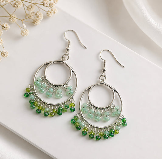 Emerald Mist Beaded Hoop Earrings