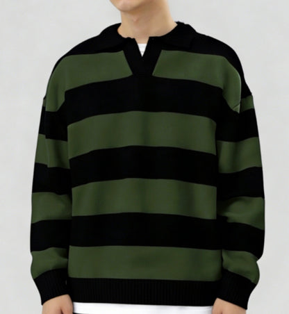 Men's Striped Skipper Polo Neck Pullover Sweater