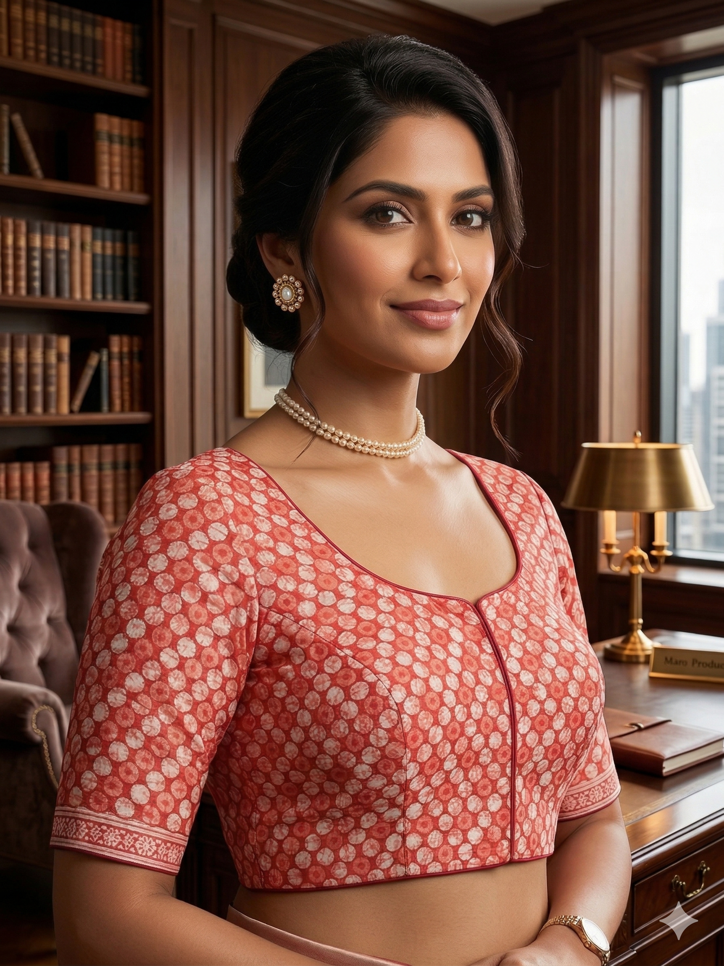 Elegant Red Hand-Block Saree Blouse with Tiered Tassels