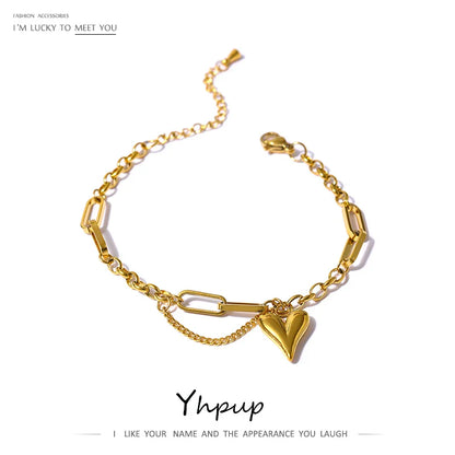 Yhpup Trendy Heart Double Layered Bracelet Stainless Steel Metal Texture Stylish Charm Jewelry браслеты женские Summer Gift