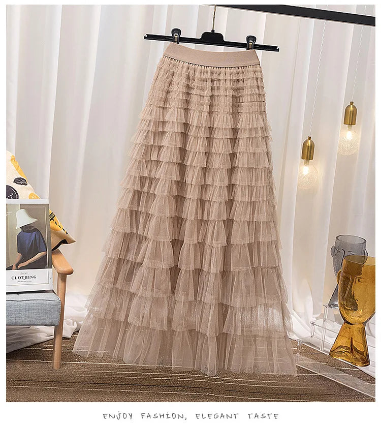 High-Waisted Mesh Layered Skirt for Women – Spring & Fall Elegant Cake Skirt