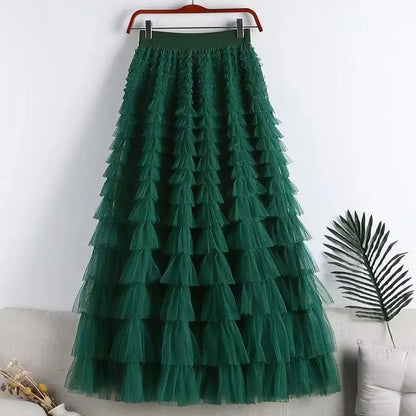 High-Waisted Mesh Layered Skirt for Women – Spring & Fall Elegant Cake Skirt