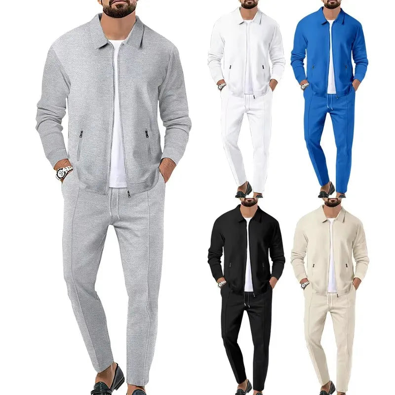 2024 Korea new men's fall two-piece jogging lapel jacket top + loose pants cotton casual sportswear big size workwear suit