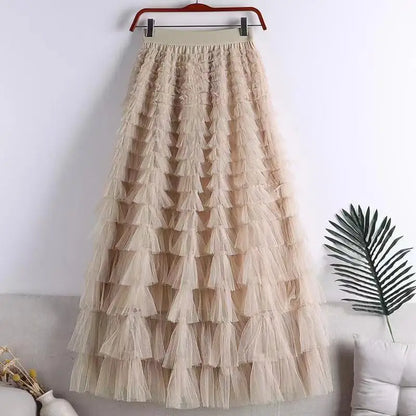 High-Waisted Mesh Layered Skirt for Women – Spring & Fall Elegant Cake Skirt
