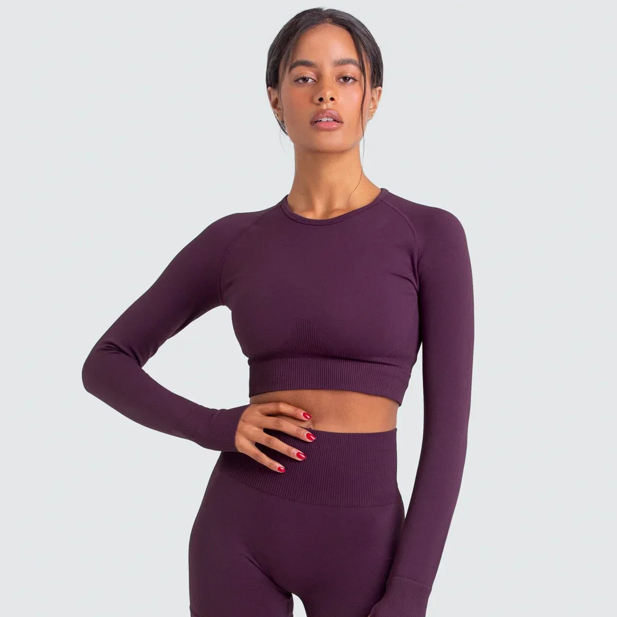 Hauts de fitness sans couture de couleur unie, slim, respirants, de yoga, de sport, de gym, à manches longues pour femmes