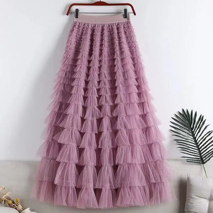 High-Waisted Mesh Layered Skirt for Women – Spring & Fall Elegant Cake Skirt