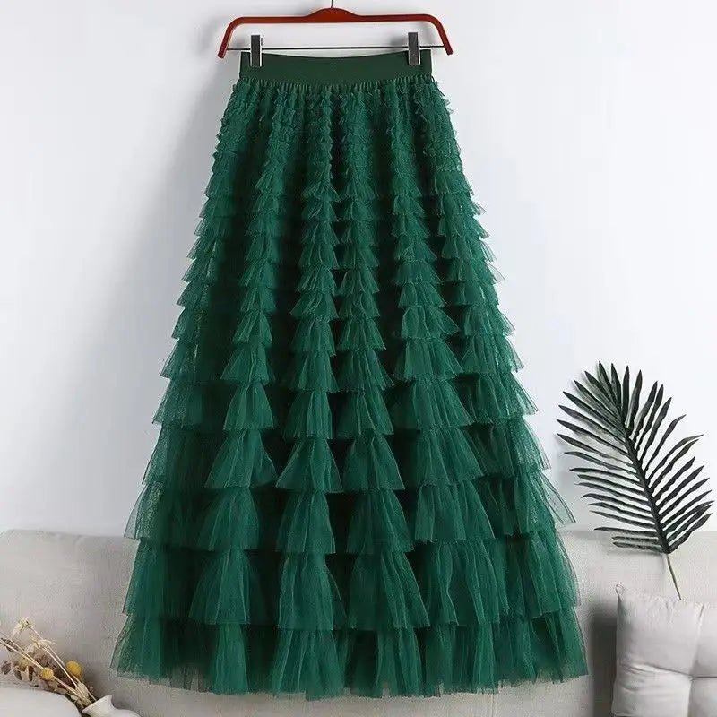 High-Waisted Mesh Layered Skirt for Women – Spring & Fall Elegant Cake Skirt