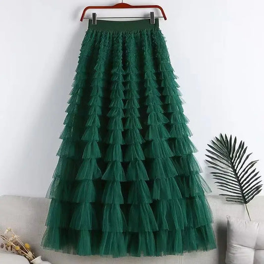 High-Waisted Mesh Layered Skirt for Women – Spring & Fall Elegant Cake Skirt