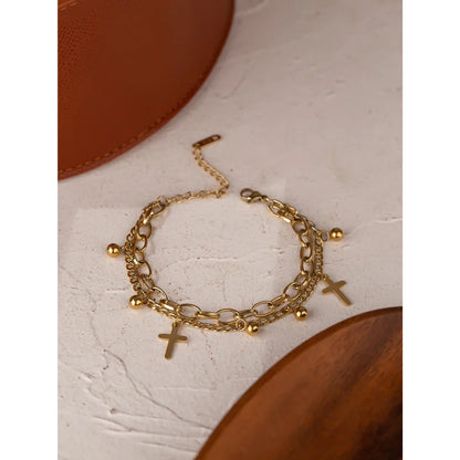 Yhpup Stainless Steel Cross Layered Bracelet for Women Charm Metal 14 K Plated Trendy Golden Wrist Unique Design Jewelry брелок
