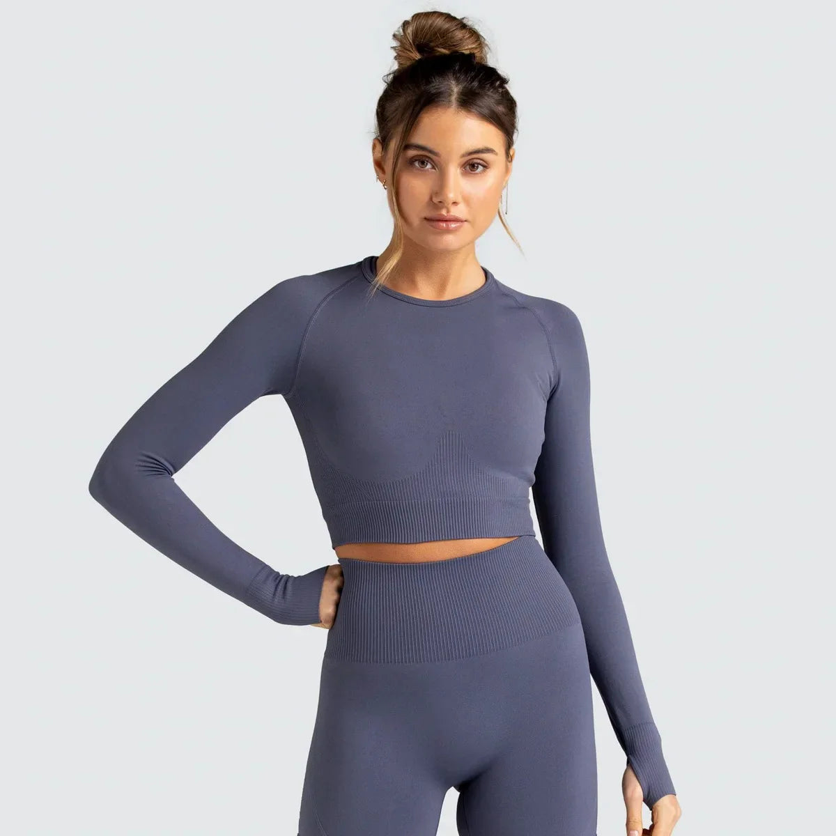 Hauts de fitness sans couture de couleur unie, slim, respirants, de yoga, de sport, de gym, à manches longues pour femmes