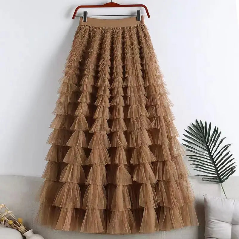 High-Waisted Mesh Layered Skirt for Women – Spring & Fall Elegant Cake Skirt