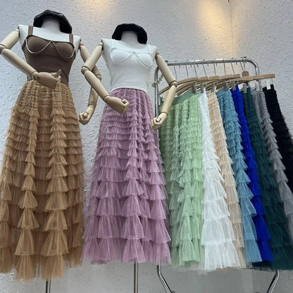 High-Waisted Mesh Layered Skirt for Women – Spring & Fall Elegant Cake Skirt