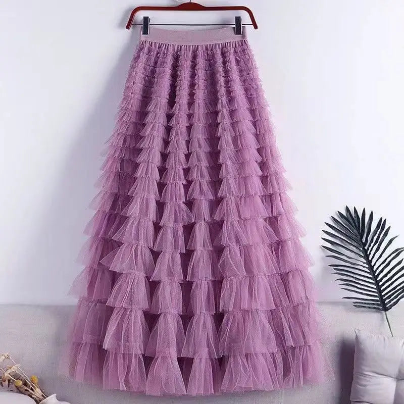 High-Waisted Mesh Layered Skirt for Women – Spring & Fall Elegant Cake Skirt