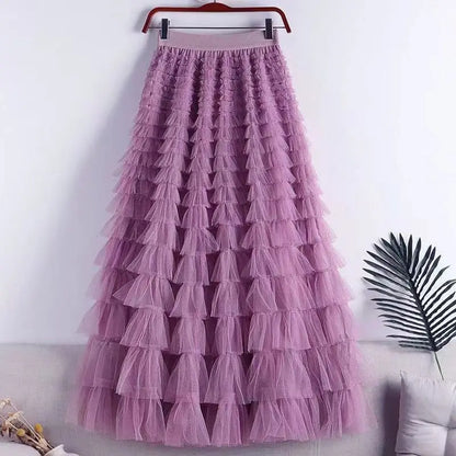 High-Waisted Mesh Layered Skirt for Women – Spring & Fall Elegant Cake Skirt