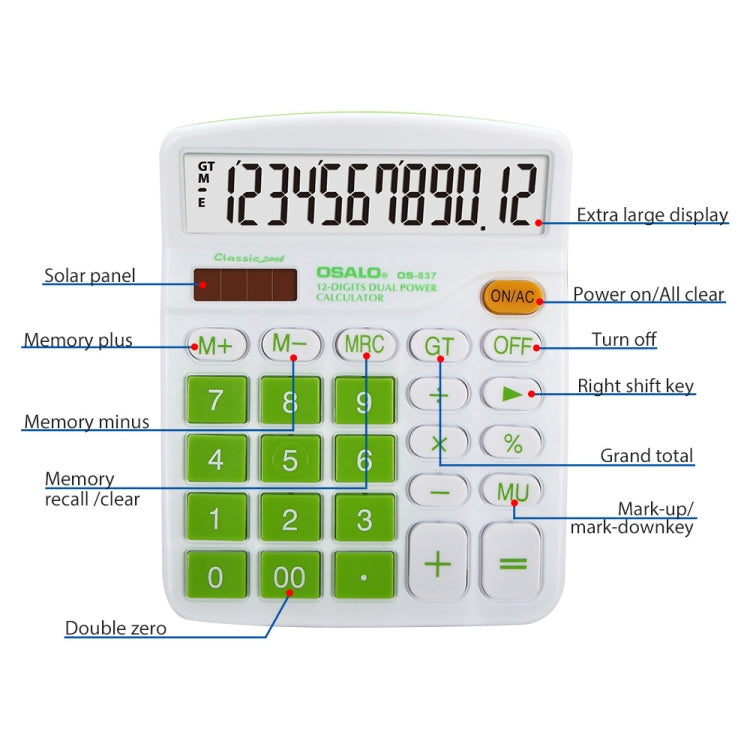 OSALO OS-837VC 12 Digits Colorful Desktop Calculator Solar Energy Dual Power Calculator(Blue)