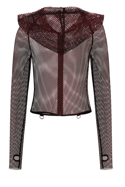 Banned Apparel Liora Red Metallic Fishnet Hoodie