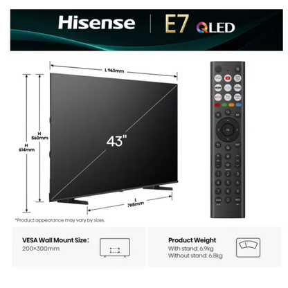HISENSE E7Q 43" QLED 4K Smart AI TV with Freely - 43E7QTUK
