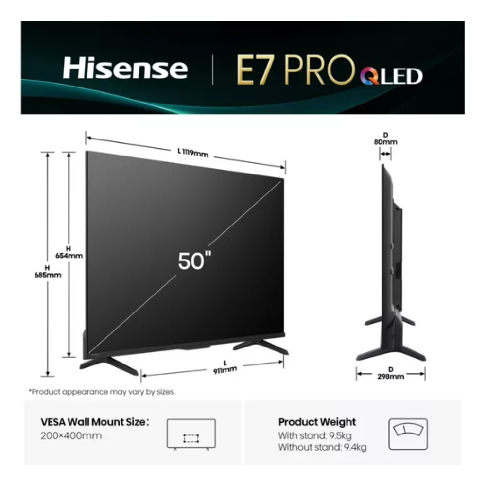 HISENSE E7Q PRO 50" QLED 4K HDR Smart TV with Freely - 50E7QTUK PRO