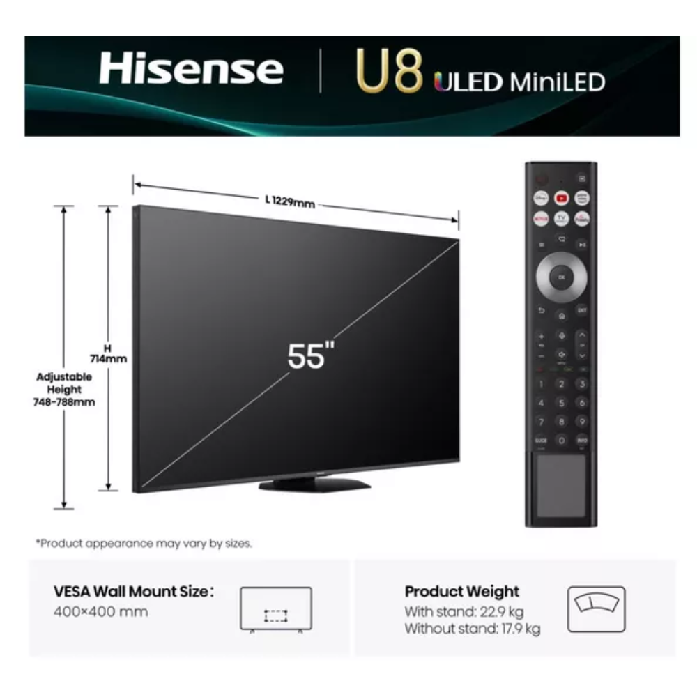 HISENSE U8Q 55" Mini LED 4K 165Hz Smart AI TV with Freely - 55U8QTUK