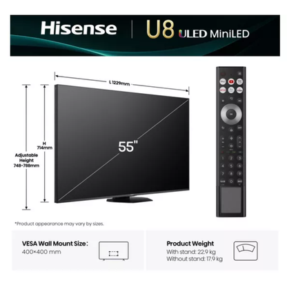HISENSE U8Q 55" Mini LED 4K 165Hz Smart AI TV with Freely - 55U8QTUK