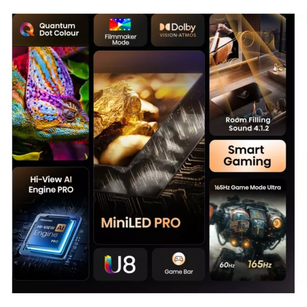 HISENSE U8Q 55" Mini LED 4K 165Hz Smart AI TV with Freely - 55U8QTUK