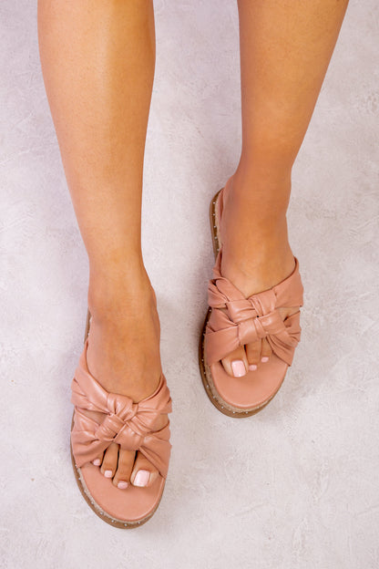 COCONUT FLATFORM SANDALS WITH LUXE KNOT DETAIL IN ROSE FAUX LEATHER
