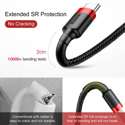 Baseus Type C Cable for Samsung S20 S22 Quick Charge 3.0 Cable USB C Fast Charging for Huawei P50 Xiaomi Mi 8 USB-C Charger Wire