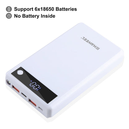 Boîtier de batterie externe HAWEEL DIY 6 x 18650 24W à charge rapide avec affichage, batterie non incluse (blanc)
