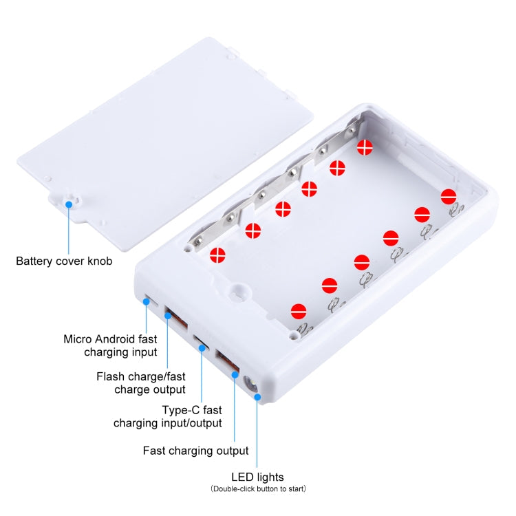 Boîtier de batterie externe HAWEEL DIY 6 x 18650 24W à charge rapide avec affichage, batterie non incluse (blanc)