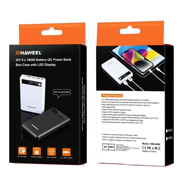 Boîtier de batterie externe HAWEEL DIY 6 x 18650 24W à charge rapide avec affichage, batterie non incluse (blanc)