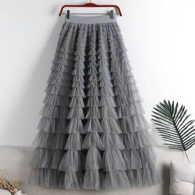 High-Waisted Mesh Layered Skirt for Women – Spring & Fall Elegant Cake Skirt