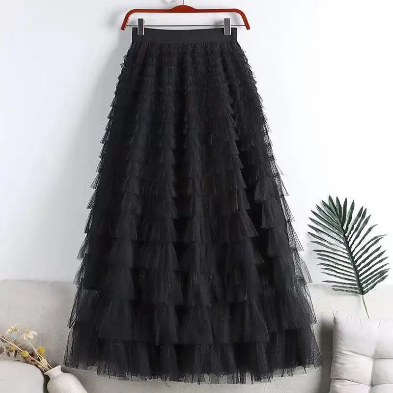 High-Waisted Mesh Layered Skirt for Women – Spring & Fall Elegant Cake Skirt