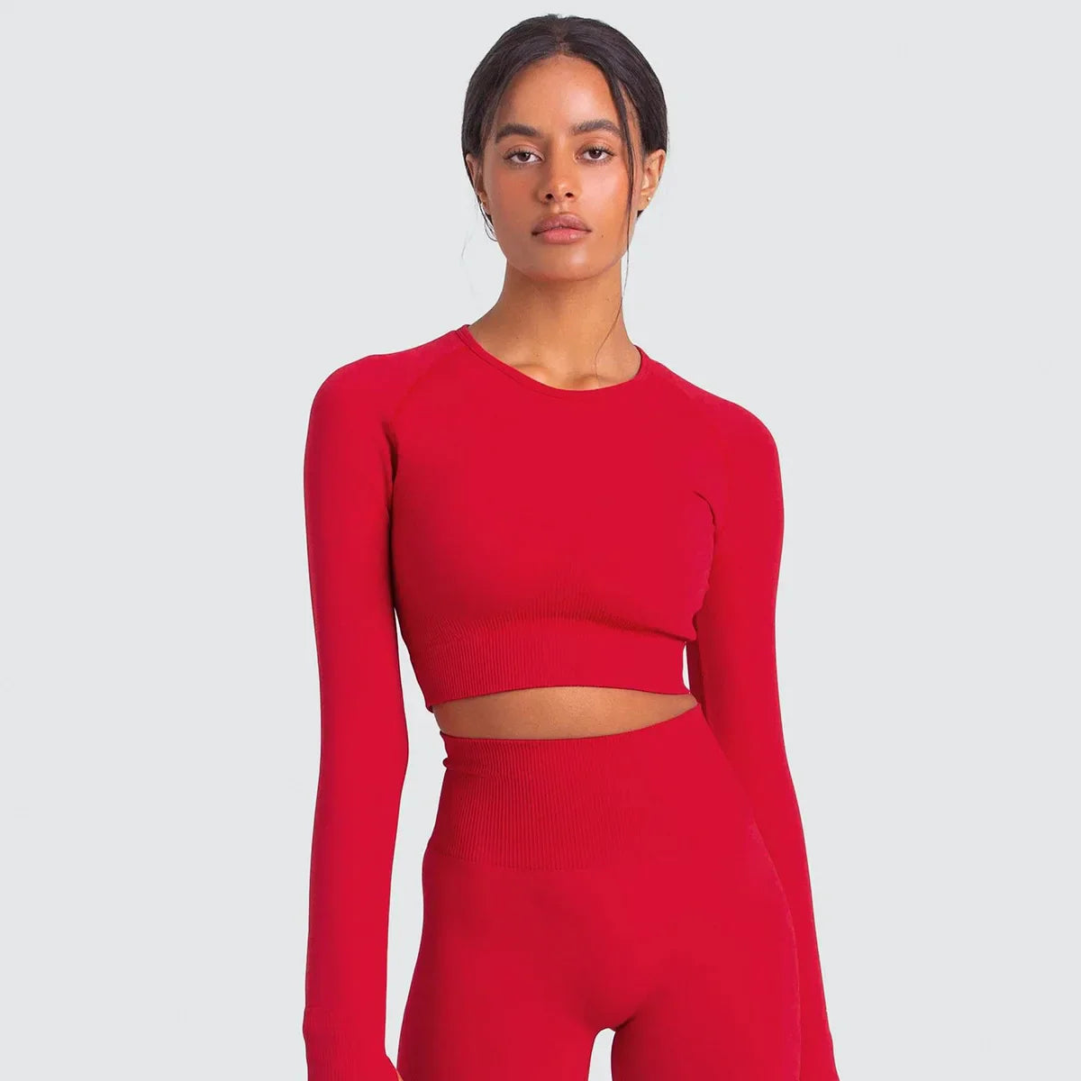 Hauts de fitness sans couture de couleur unie, slim, respirants, de yoga, de sport, de gym, à manches longues pour femmes
