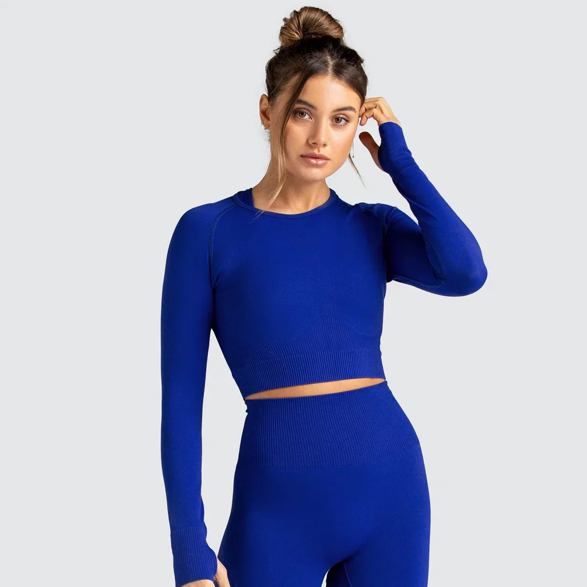 Hauts de fitness sans couture de couleur unie, slim, respirants, de yoga, de sport, de gym, à manches longues pour femmes