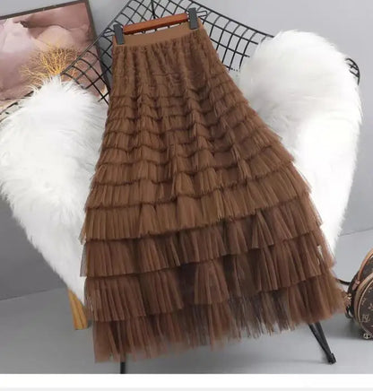 High-Waisted Mesh Layered Skirt for Women – Spring & Fall Elegant Cake Skirt