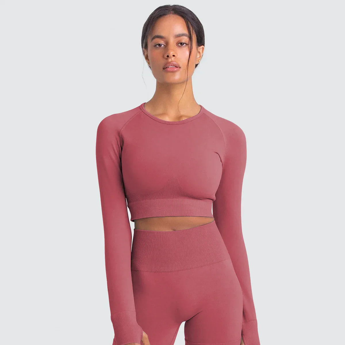 Hauts de fitness sans couture de couleur unie, slim, respirants, de yoga, de sport, de gym, à manches longues pour femmes